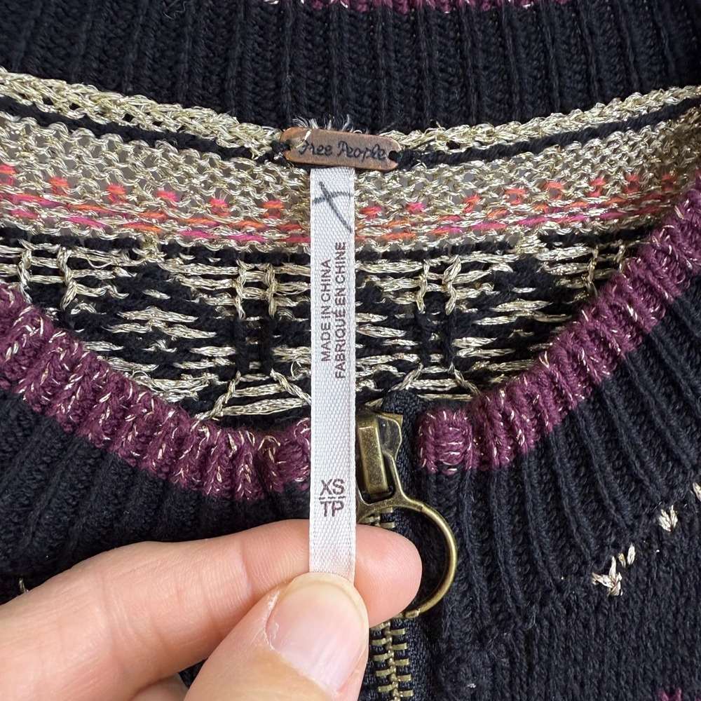 Free People Cozy Cottage Babydoll Fair Isle Metallic Zip Sweater Black XS - Picture 3 of 8